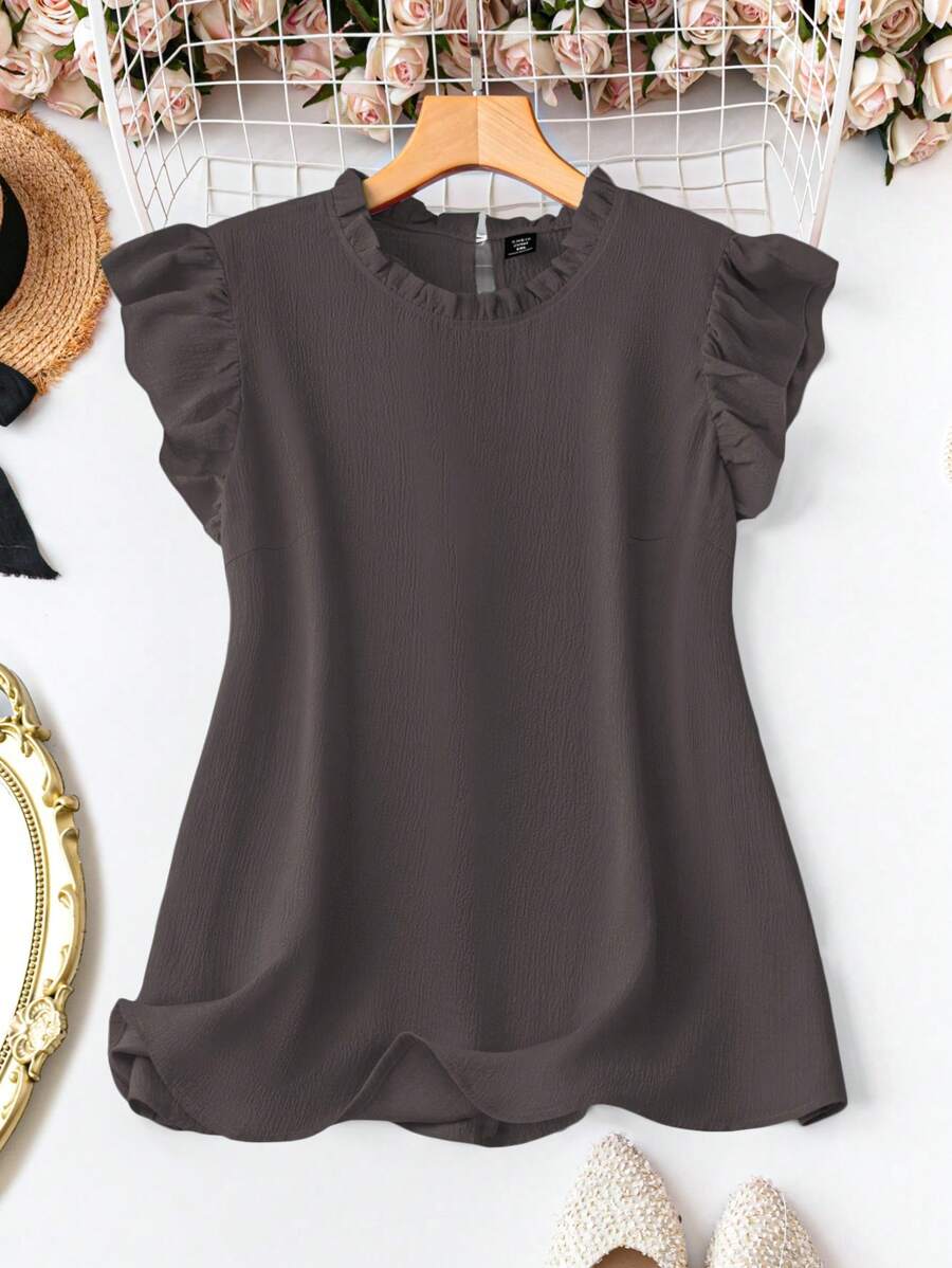 Plus Size Women Summer Solid Color Round Neck Ruffle Trim Short Cap Sleeve Blouse