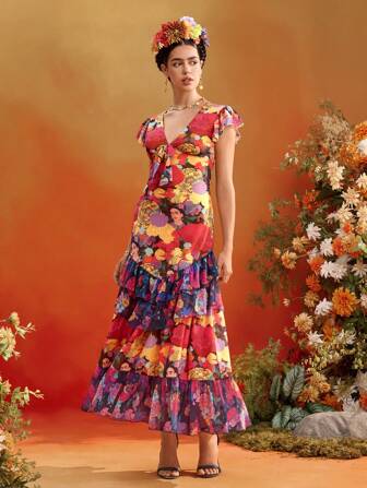 Frida Kahlo X SHEIN X Designer Redefinition Floral Print V Neck Bow Ruffle Cap Sleeves Layered Dress For Women Summer Vacation