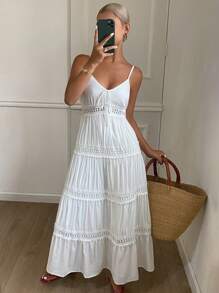 Livesso Women's Tie Up Spaghetti Strap Dress, Sweet Bohemian Style For Vacation, Summer,Casual Women Dresses,Back To School Clothes - White - View 1