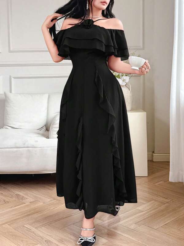 Feyla Women's Elegant Solid Color 3D Floral Decor Ruffle Trim Cold Shoulder Long Dress, Summer