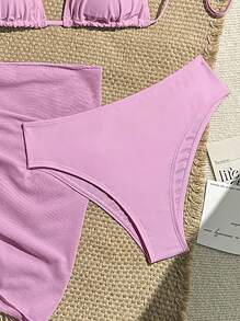 Zestiva 3pcs/Set Solid Color Textured Bikini Swimsuit For Beach Vacation For Summer