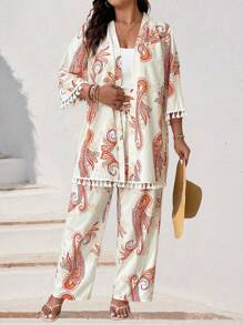 SHEIN Tall 2pcs/Set Plus Size Women Digital Print Open Front Top And Pants Set - Multicolor - View 6