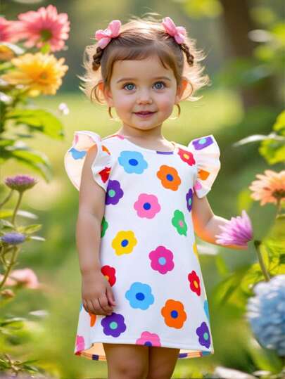 SHEIN 女婴可爱休闲针织弹力彩色碎花图案荷叶袖连衣裙，夏季