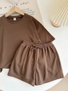 SHEIN LMoss Kids LMoss Tween Girl 纯色圆领短袖 T 恤和短裤套装 - 卡其色 - 查看 7