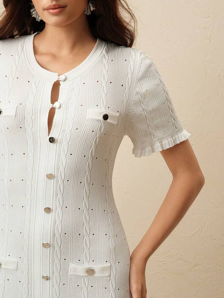 Elegant Solid Color Knitted Heavy-Weight Perforated Twist Rope Aran Cable Knit Long Sleeve Frill Trim Button-Up A-Line Dress, Suitable For Autumn, Winter, Formal, Party, Elegant, Leisure, Work, Graduation, Wedding