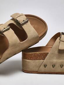 SHUZIA 女式双扣软木鞋床厚底厚底平底凉鞋 - 米色 - 查看 4