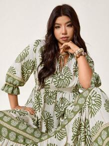 SHEIN LUNE 大码女式度假印花系带七分袖优雅连衣裙 - 綠色 - 查看 5