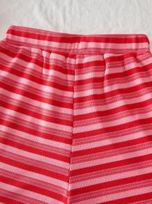 Conjunto de top tubo corto y pantalones cortos a rayas de estilo francés para vacaciones de verano en la playa para adolescentes - Rojo - Ver 6