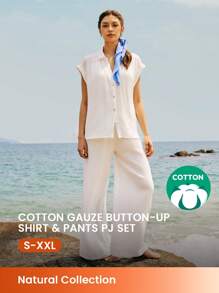 LUVLETTE 柔软透气 100% 纯棉褶皱白色短袖纽扣上衣和裤子,轻盈透气的睡衣套装,时尚休闲舒适,裤子带口袋,可作内衣外穿,新娘内衣及睡衣穿着。 - 白色 - 查看 2