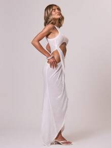 MUSERA Sequin Sparkle Round Neck Cut Out Cross Front Detail Draped Dress 4th July Summer Vacation Holiday Party Elegant Chic Festival - White - View 2