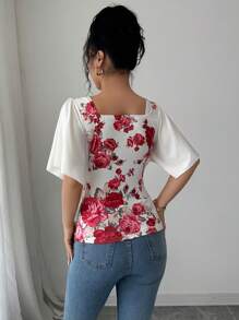Elenzga 女士休闲夏季度假优雅不对称短袖玫瑰印花宽松领上衣 - 白色 - 查看 2