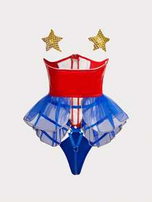 Fantasy Costume 3 件胸前镂空拉链荷叶边透明胸垫 + 胸罩 + 内裤女士内衣服装 - 紅色 - 查看 2