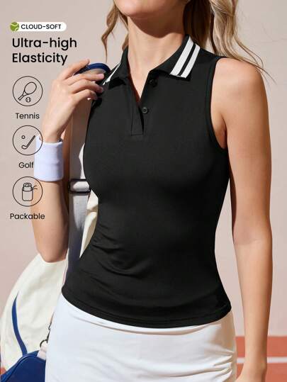 CourtClass Contrast Stripe Fitted Sleeveless Polo Shirt Workout Shirt Women Workout Clothes For Women Women Clothing Exercise Women Golf Outfit Workout Clothes Women