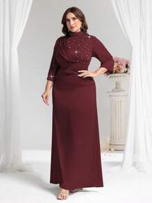 Coutiva Luxury Formal Gown, Rhinestone Splicing Detail, Elegant High-End Maxi Dress For Formal Occasions - Burgundy - View 4