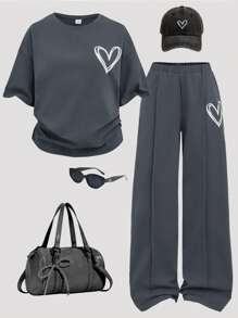 SHEIN Girlism 2 pièces Tenue décontractée pour filles en tricot gris avec col ras du cou, épaules raglan amples, manches bouffantes plissées, design minimaliste. Convient aux tenues décontractées, sport, ville, rentrée scolaire, pique-nique familial en plein air au printemps et à l'usage quotidien