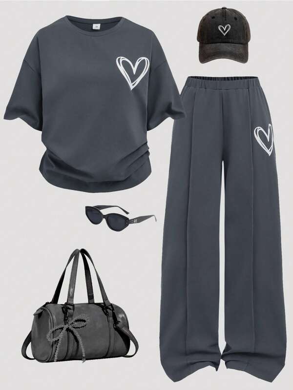SHEIN Girlism 2 stuks meisjes casual grijs gebreide ronde hals losse raglan schouder pofmouwen geplooide minimalistische design outfit, geschikt voor casual, sport, straatkleding, back-to-school, vakantie familie buiten picknick en dagelijks gebruik