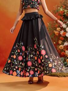 Frida Kahlo X SHEIN X Designer Oxana Black Floral Print Ruffle Waist Flowy A-Line Elegant Skirt For Women Holiday Summer