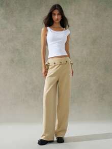 LYSMO Woman's Khaki Runway Style Designer Button-Detail Waistband Summer Pants For Streetwear, Office And Daily Basic, Vacation Outfits 2025New Arrival - Khaki - View 5