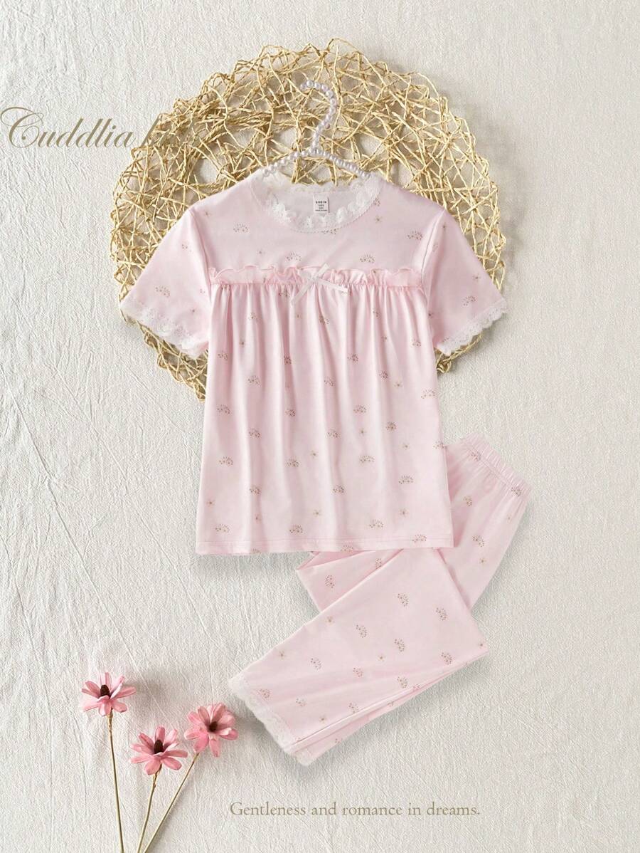 2pcs/Set Girls Loose Comfortable Floral Trim Short Sleeve Top And Pants Casual Homewear Set Cute Pajamas, Little Girl's Pajamas, Floral Style Summer Kids Young Girls Clothing Sets Short Sleeve Young Girls Pajamas Young Girl Easter Little Girls Sets