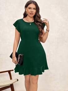 Chikora Đầm mùa hè tay ngắn màu trơn cổ tròn cỡ lớn thanh lịch, trang phục công sở cho phụ nữ - màu xanh lá - Xem 3