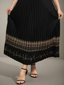 Flouryn Plus Size Women's Black Pleated Pattern Elastic Waist Casual Skirt For Outdoor, Commute, Work Maxi Fall Cloth For Women - Multicolor - View 3