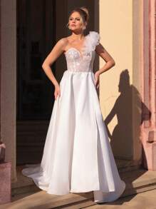 Glamrae 优雅浪漫的白色花卉刺绣网布连衣裙，高开叉喇叭形设计，非常适合婚礼和活动 - 白色 - 查看 9