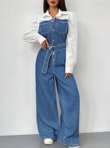 SHEIN ICON Women's Denim Jumpsuit With Adjustable Straps And Long Sleeves, Casual Fitted, Fall Women Clothes - Medium Wash - View 6