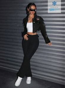 SHEIN ICON Casual Destroyed Washed Cropped Denim Jacket - Black - View 7