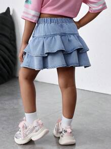 SHEIN Young Girl Denim Ruffle Hem A-Line Skirt, Spring And Summer Casual Vacation - Light Wash - View 2