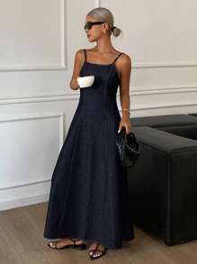 Livesso 西部牛仔纯色束腰露背细肩带连衣裙，休闲度假夏季女式牛仔连衣裙 - 藍色 - 查看 5