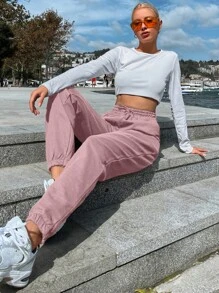 EURMUSE Women's Solid Color Pockets Drawstring Waist Casual Sweatpants - Baby Pink - View 5