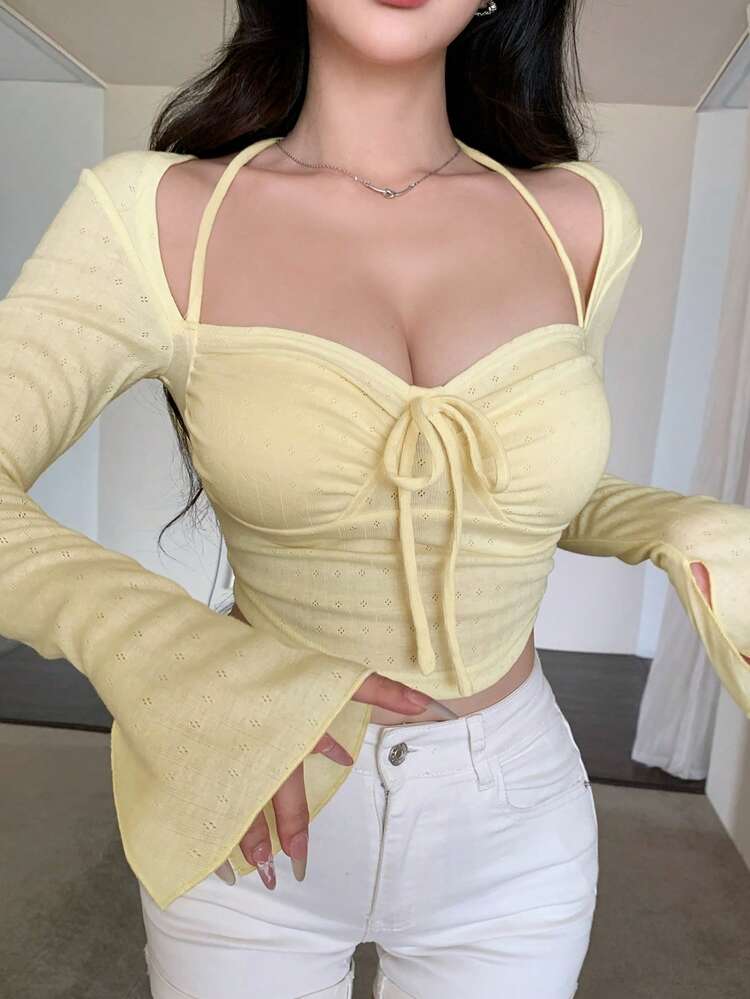 Women Solid Color Ruched Knot Front Long Sleeve Crop T-Shirt,Fall Clothes,Back To School Clothes