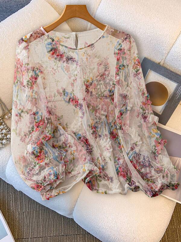 SHEIN Clasi Plus Size Women Floral Mesh Round Neck Lantern Sleeve Loose Fashion Blouse,Valentine