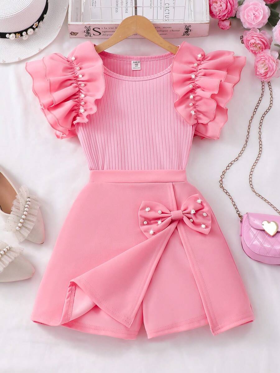 2 件套青少年女孩罗纹珍珠荷叶边下摆无袖上衣和纯色蝴蝶结短裙夏季休闲装 - 粉色 - 查看 1