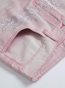 ROMWE MEN Street Life Shorts vaqueros casuales y versátiles con decoración de rhinestones para hombres - Rosa - Ver 4