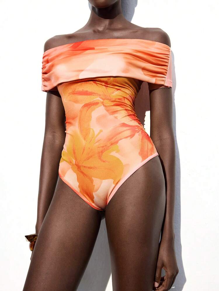 SHEIN Maija Maillot de bain une-pièce 2025 été nouveau, style col bandeau avec imprimé fleurs de la forêt tropicale. et élégant pour les occasions casual, professionnelles, fêtes, plage, festivals de musique, mariages, rentrée scolaire, style Y2K. Idéal pour l'anniversaire des femmes.