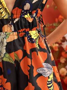 Frida Kahlo X SHEIN X Designer ISELACOS Mono de verano para mujer con cuello en V profundo, sin mangas, cordón ajustable y estampado completo