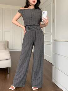 DAZY Damen Sommer & Frühling/Herbst Hohlmuster Jacquard asymmetrische Schulter locker lässig Sportbekleidung 2 Stücke Set Loungewear Sets für Damen Kurze Sets für Damen - Dunkelgrau - Übersicht 6