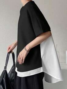 FRIFUL Women Summer Round Neck Patchwork Asymmetrical Hem Loose Colorblock Casual Short Sleeve T-Shirt Black White Top Asymmetrical Top Black And White Top Layered Top Two Tone Top
