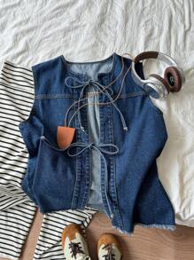 DAZY Áo vest denim rộng rãi có dây trang trí nơ cho nữ - Màu xanh bụi bặm - Xem 6