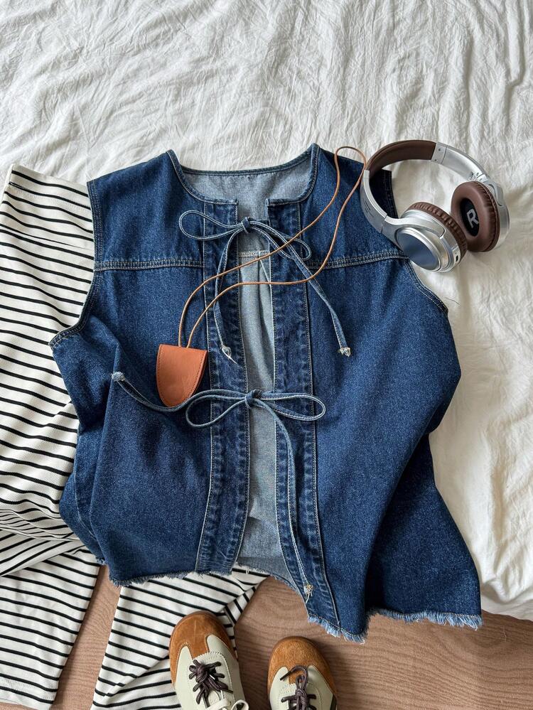 Women's Round Neck Tie-Up Washed Denim Blouse, Spring/Summer