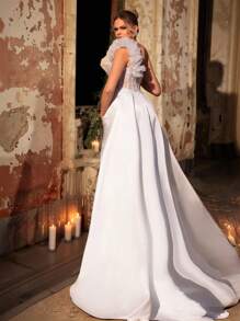 Glamrae 优雅浪漫的白色花卉刺绣网布连衣裙，高开叉喇叭形设计，非常适合婚礼和活动 - 白色 - 查看 7