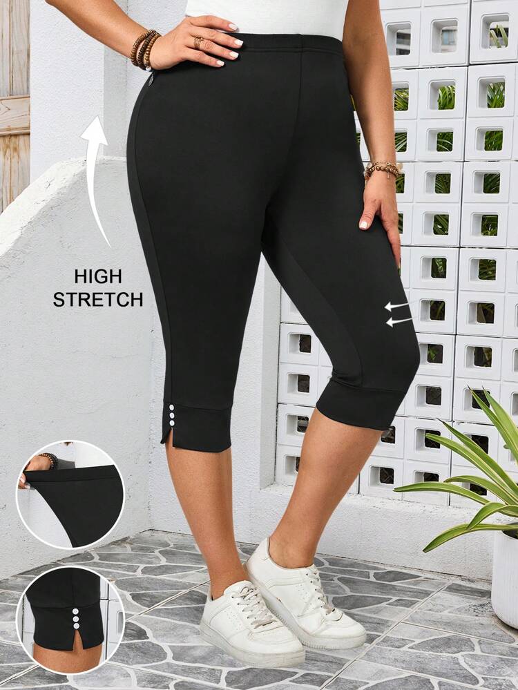Plus Size Women Casual Vacation High Waisted Button Decor Slit Black Leggings, Summer Holiday,Vacation,Simple And Fashionable For Everyday Wear,Vacay Vibes,Springbreak,Casual Wear,Bohemia