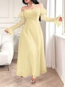 Feyla Women's Elegant Solid Color Ruffle Flare Sleeve Halter Dress - Yellow - View 6