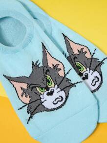 TOM & JERRY X SHEIN زوج من جوارب الكاحل الأنيقة القياسية والجميلة ذات طبعات كرتونية للنساء - الأزرق - مشاهدة 2