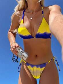 Swim Mod 2 件套女士时尚春假渐变色细肩带上衣和侧系带泳裤比基尼套装