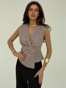 Aloruh Elegant Solid Color Simple Commuter V-Neck Pullover Waist-Cinched Asymmetrical Hem Ruched Decor Short Sleeve Crossover Design Gray Shirt - Brown - View 5