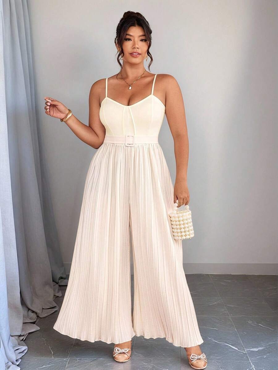 Elenzga 大码女士时尚褶皱连体裤，宽松优雅浪漫吊带拼接连体裤，春夏 - 杏色 - 查看 1