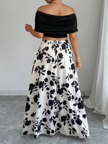 Elenzga Plus Size Women's Off Shoulder Asymmetrical Hem Top & Floral Print Skirt 2 Pieces Set, For Holiday - Multicolor - View 2