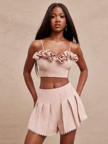 SHEIN Unity Top Camisol Flower Rose Detail Sleeveless Linen Casual Everyday Going Out Vacation Summer Music Festival Thanksgiving Christmas NYE New Years Eve Outfits For Women - Pink - View 1